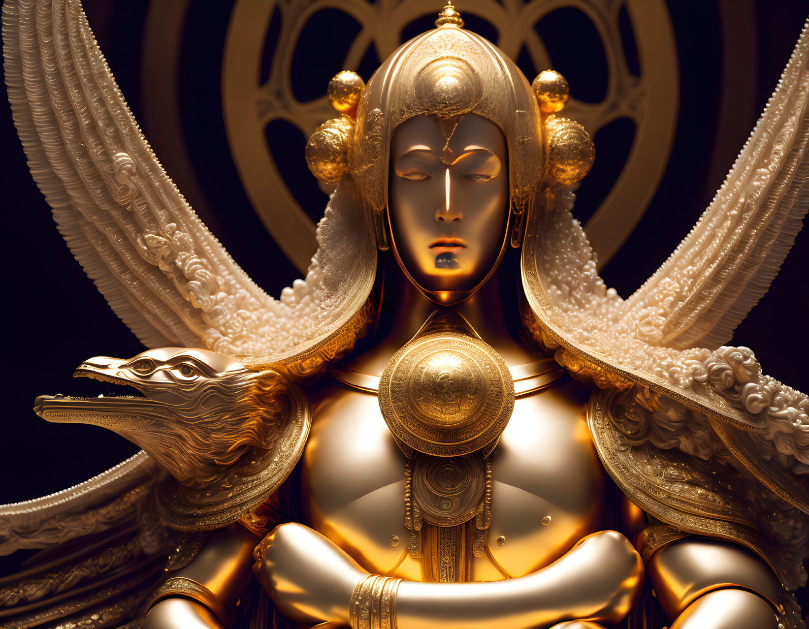 Intricately detailed golden statue on dark background