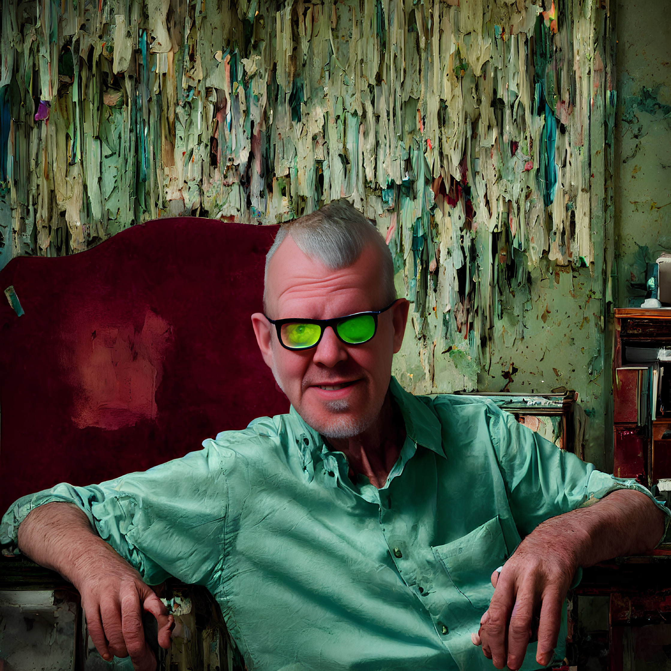 Man in Green Sunglasses Poses Against Abstract Background