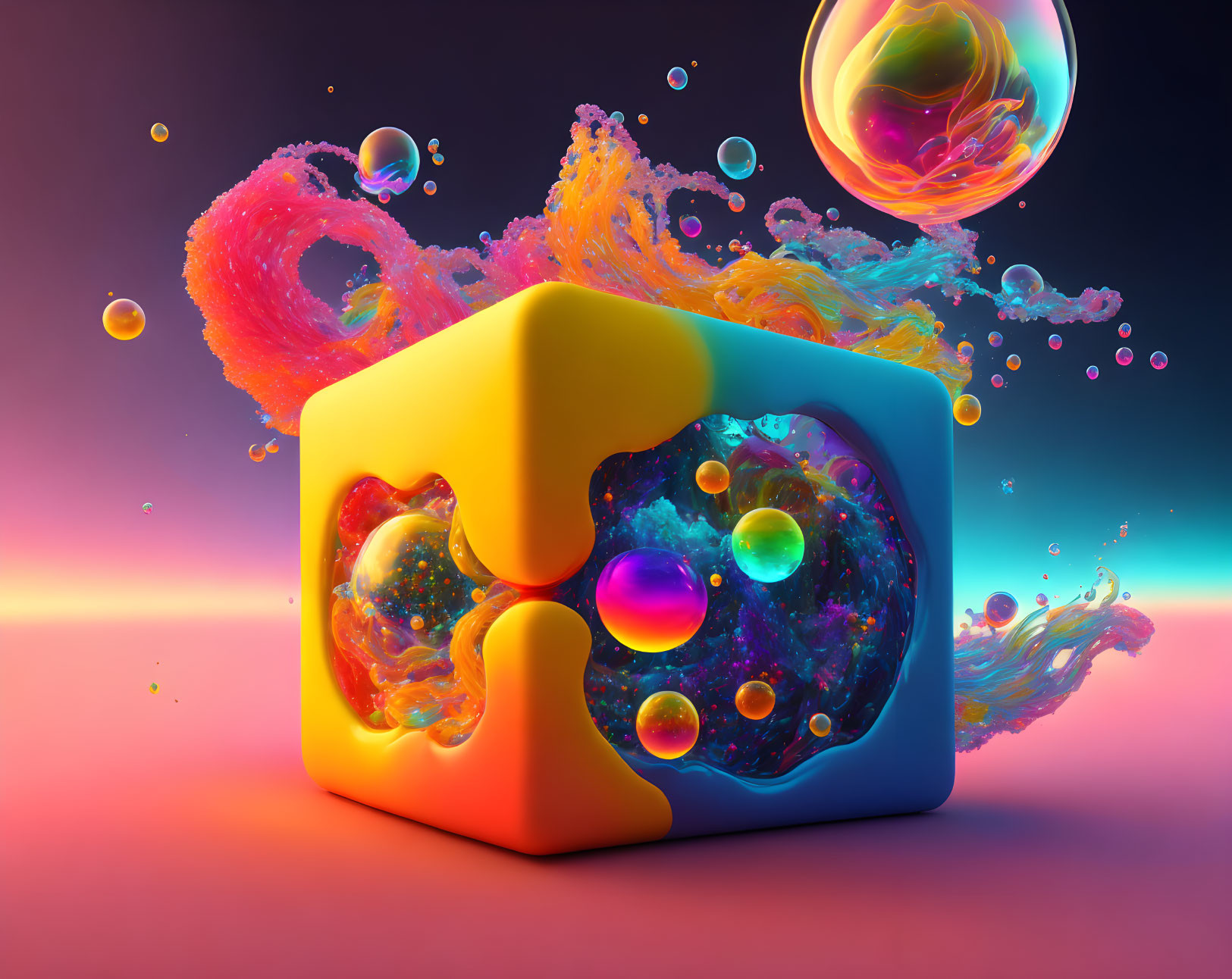 Colorful 3D illustration of melting yellow cube in liquid splash with floating spheres