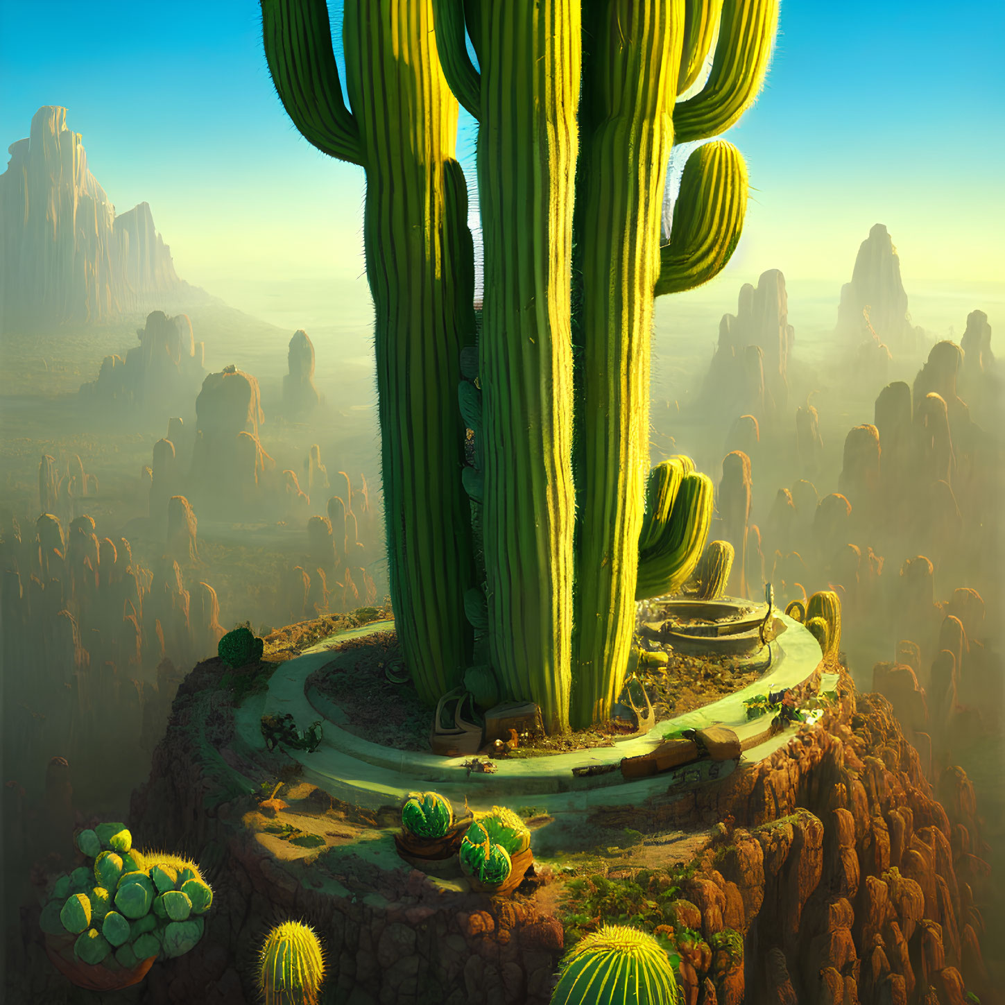 Colorful desert scene with cacti, plateaus, and train track at sunrise