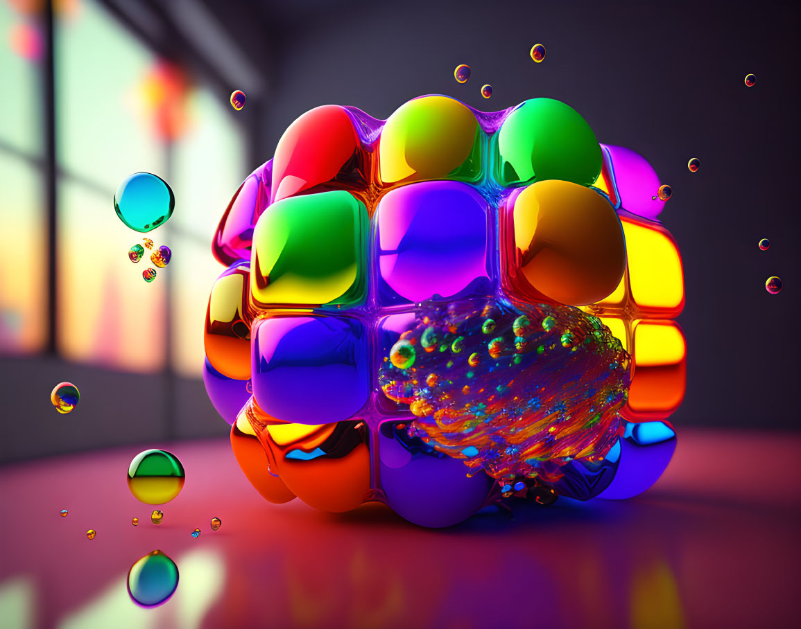 Colorful Melting Rubik's Cube with Bubbles in Vibrant Room