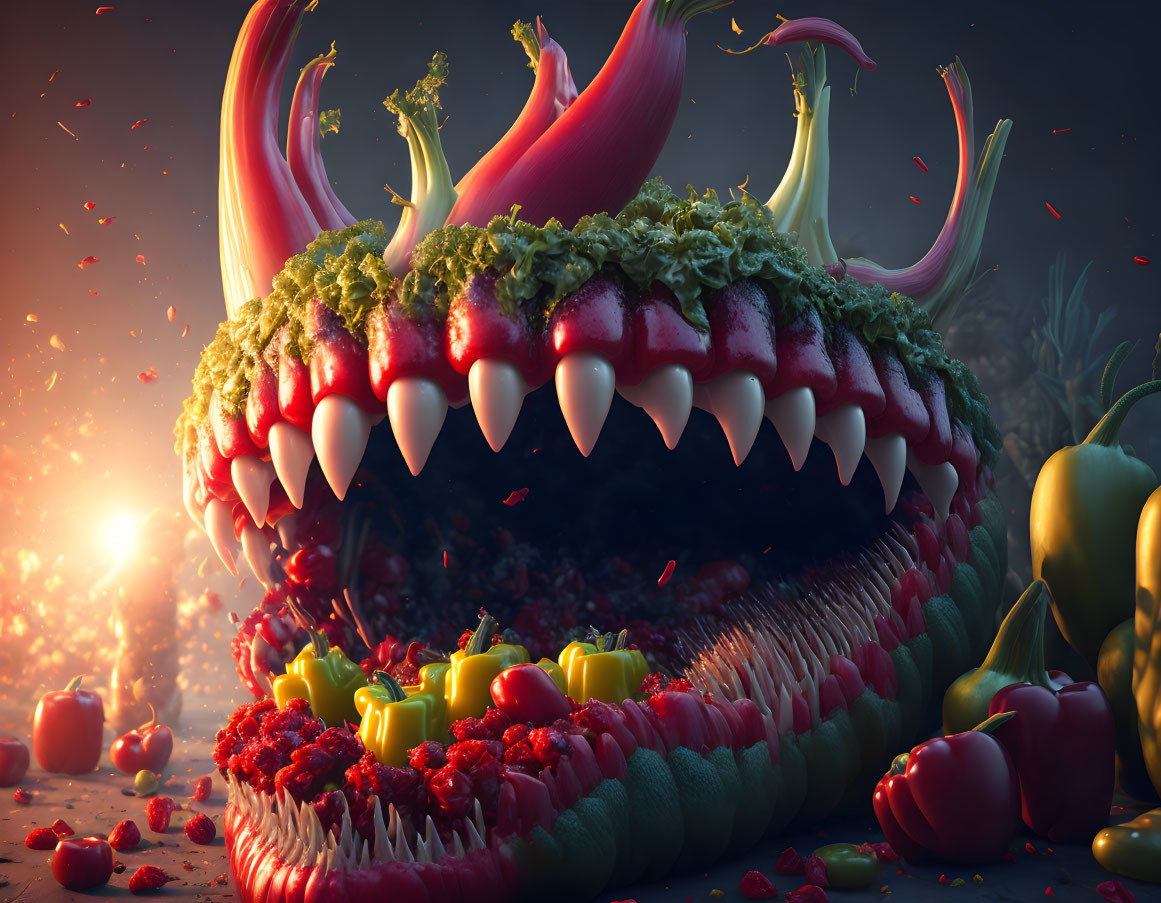 Monstrous vegetable mouth with sharp teeth on dramatic backdrop