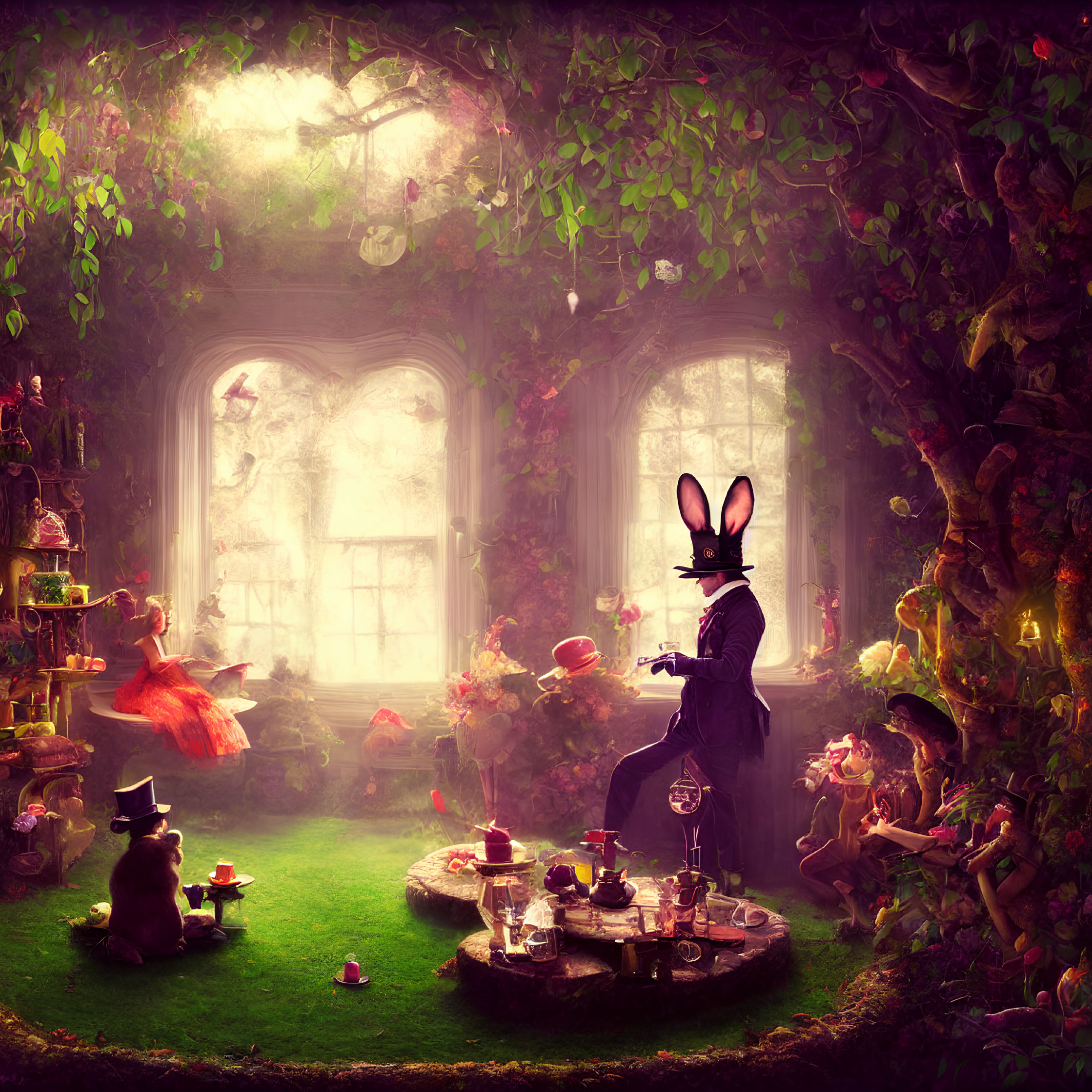 Whimsical tea party in enchanted room with anthropomorphic animals