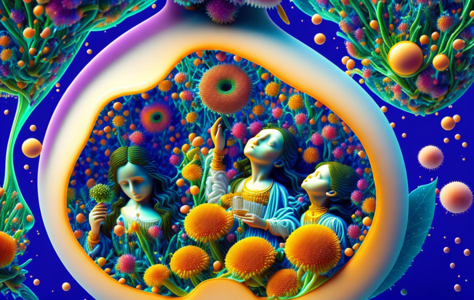 Colorful Psychedelic Artwork: Three Figures in Surreal Floral Landscape