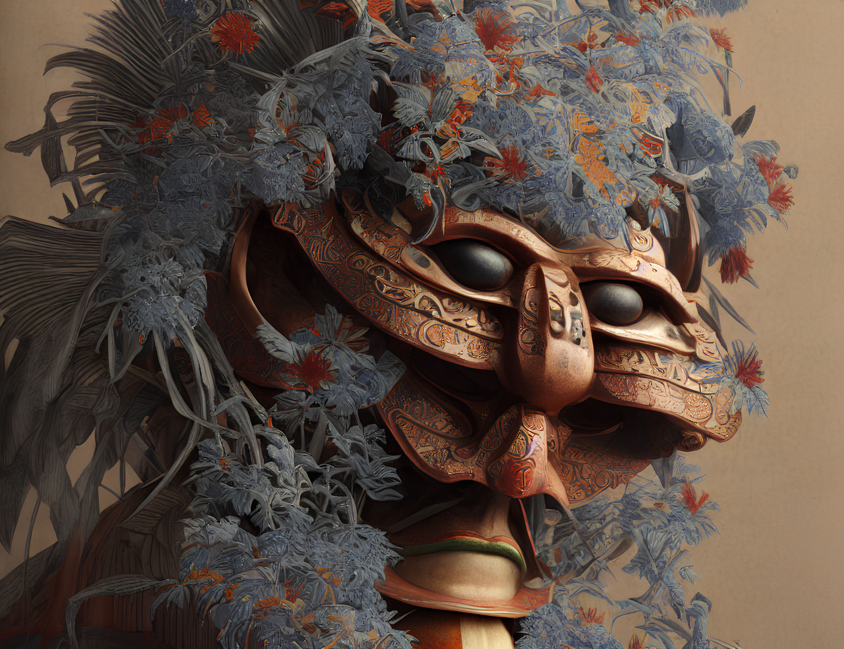 Detailed Digital Artwork: Mask with Intricate Patterns Among Stylized Flowers