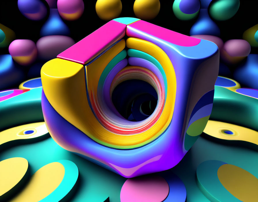 Vibrant 3D hexagon with spiral center on multicolored sphere background