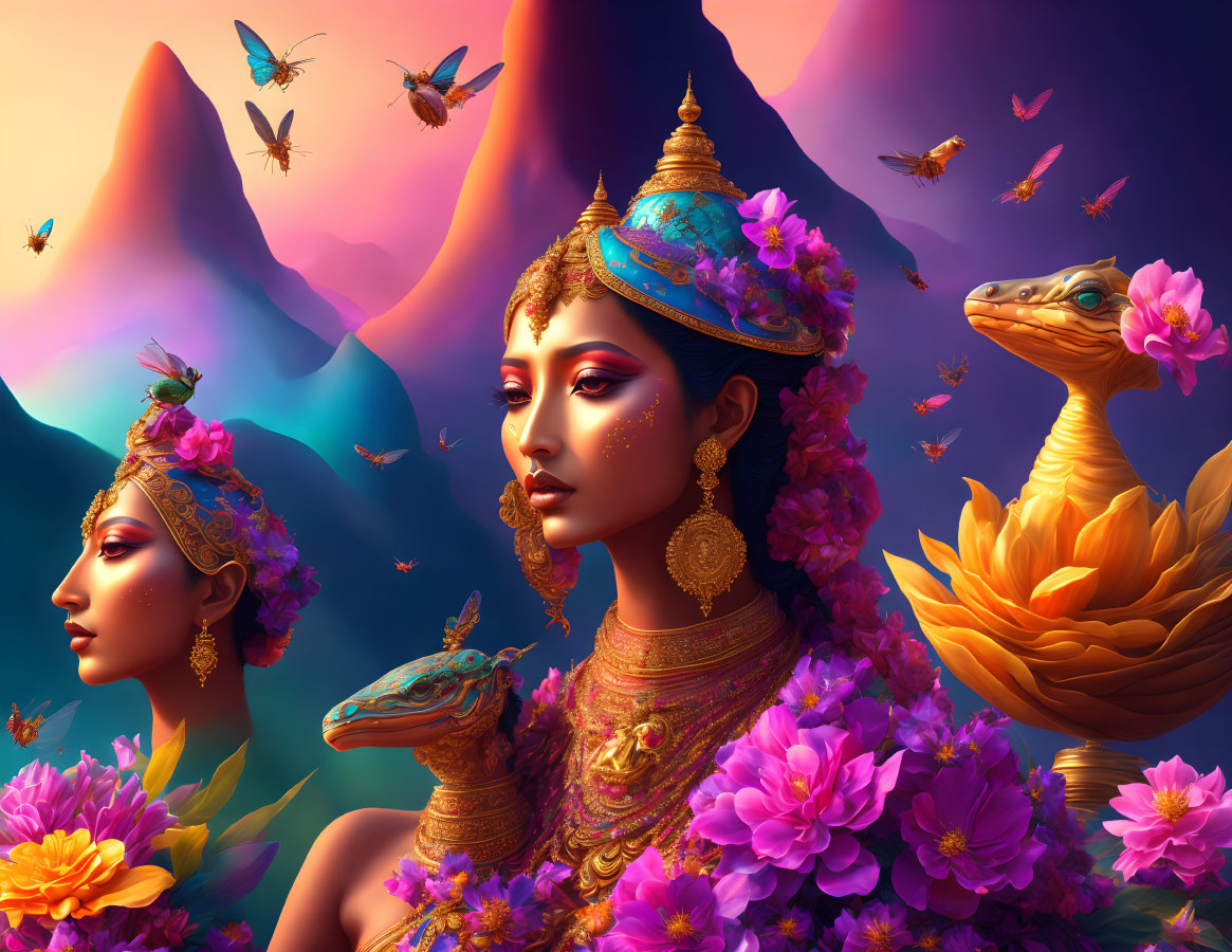 Colorful Indian women with lizard and butterfly in mountainous scene