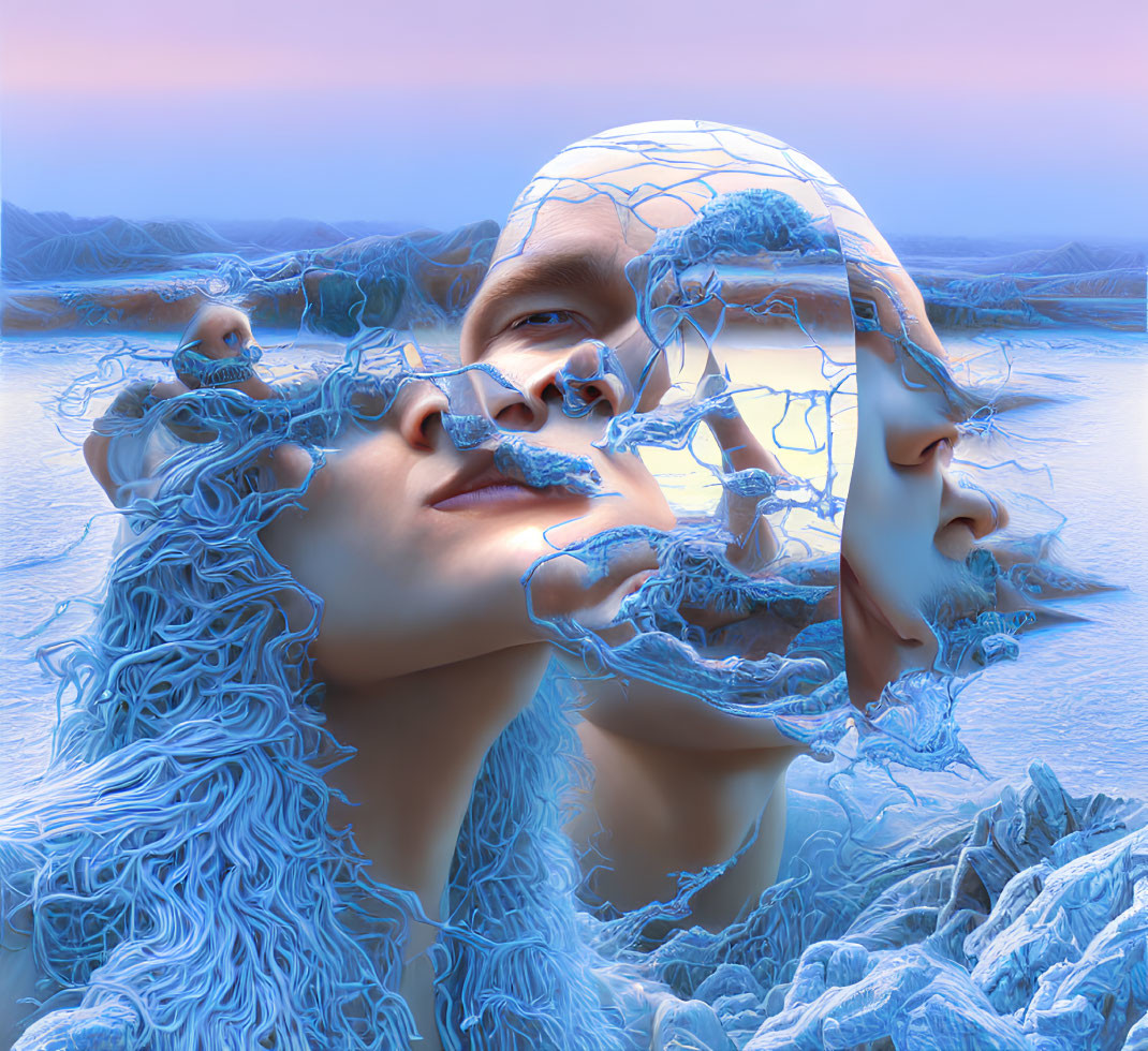 Person with Multiple Faces in Surreal Artwork with Blue and Purple Background