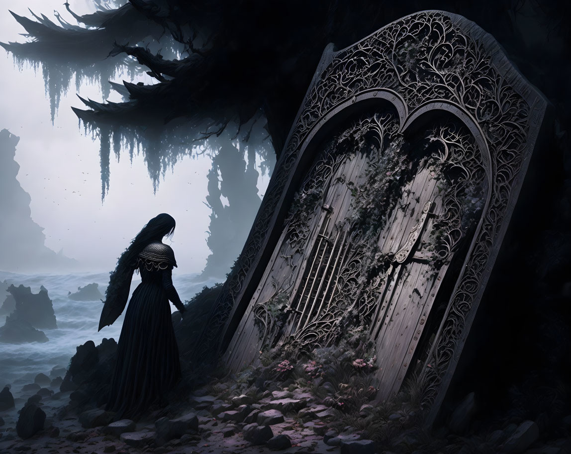 Mysterious figure in black dress by ornate door in misty rocky landscape