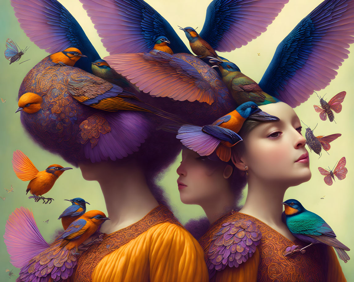 Vivid Illustration of Two Women with Colorful Birds