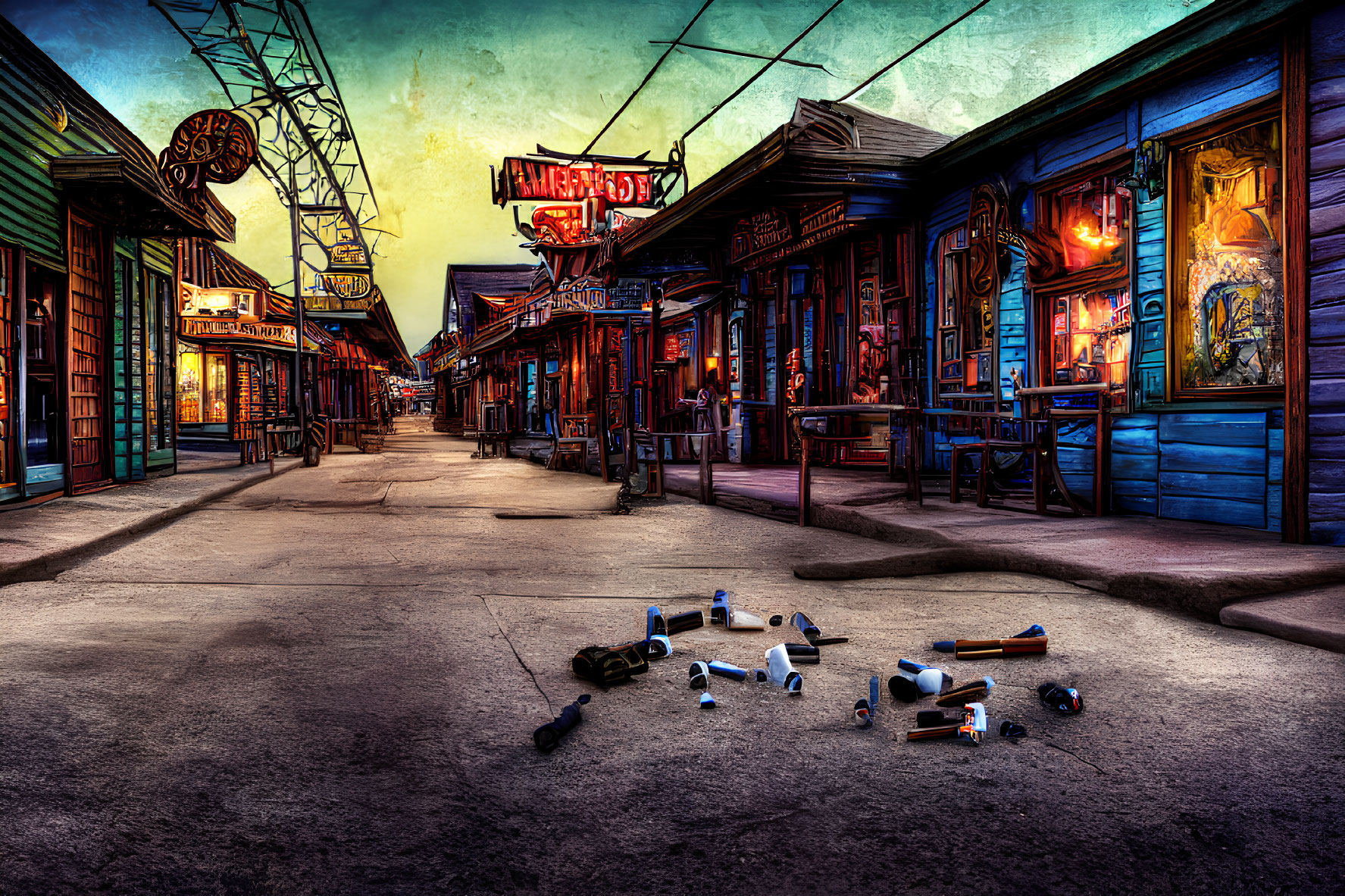 Deserted Street at Dusk with Vintage Buildings and Neon Signs