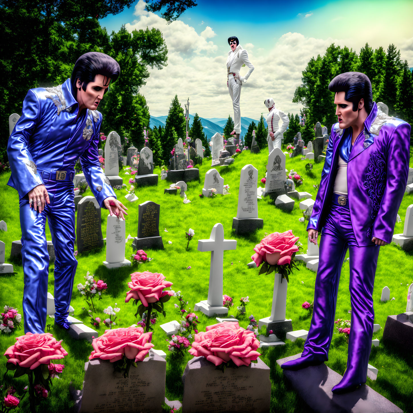 Three Elvis Presley Impersonators Among Tombstones and Pink Roses Under Blue Sky