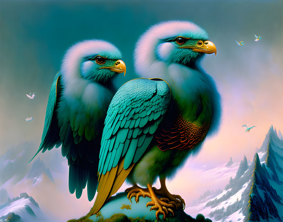 Colorful Fantastical Birds Perched on Mountain