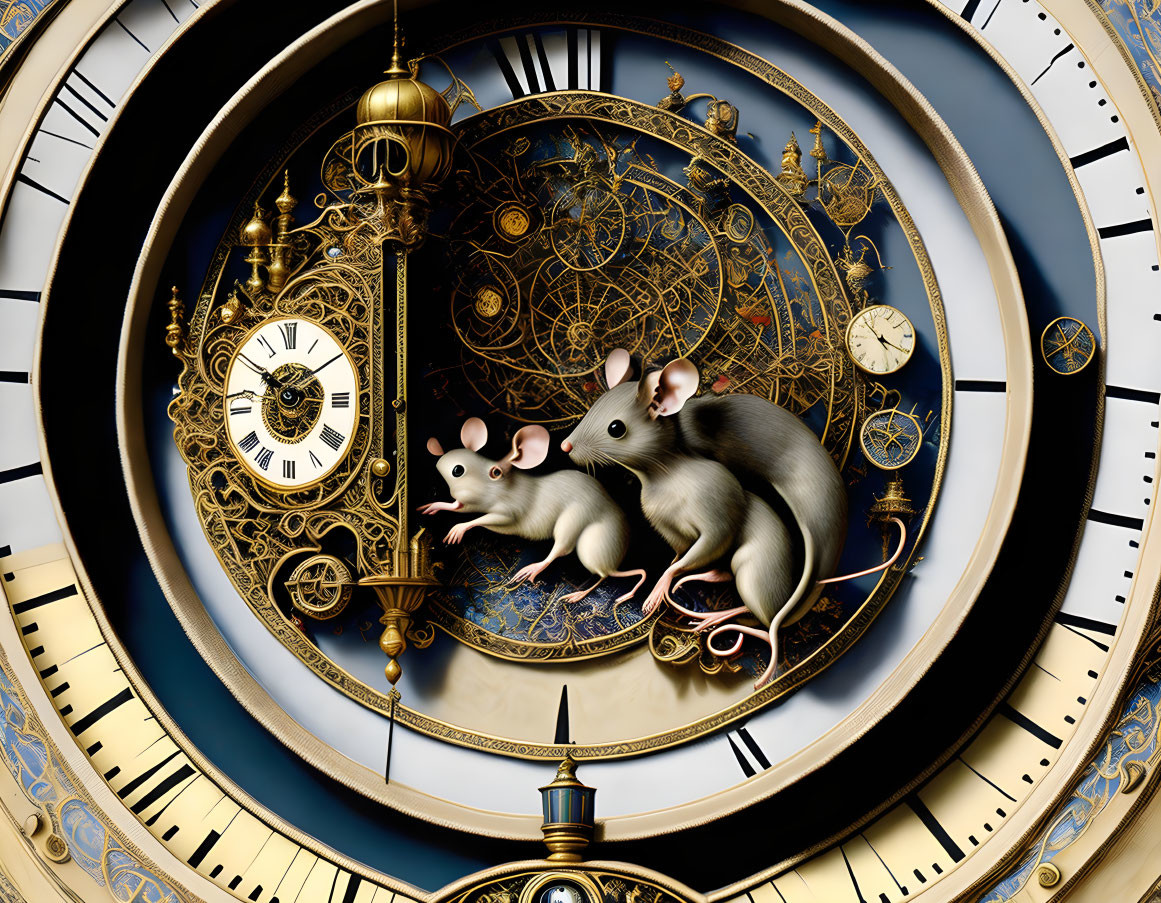 Intricate gold clock with mice on gears and pendulum