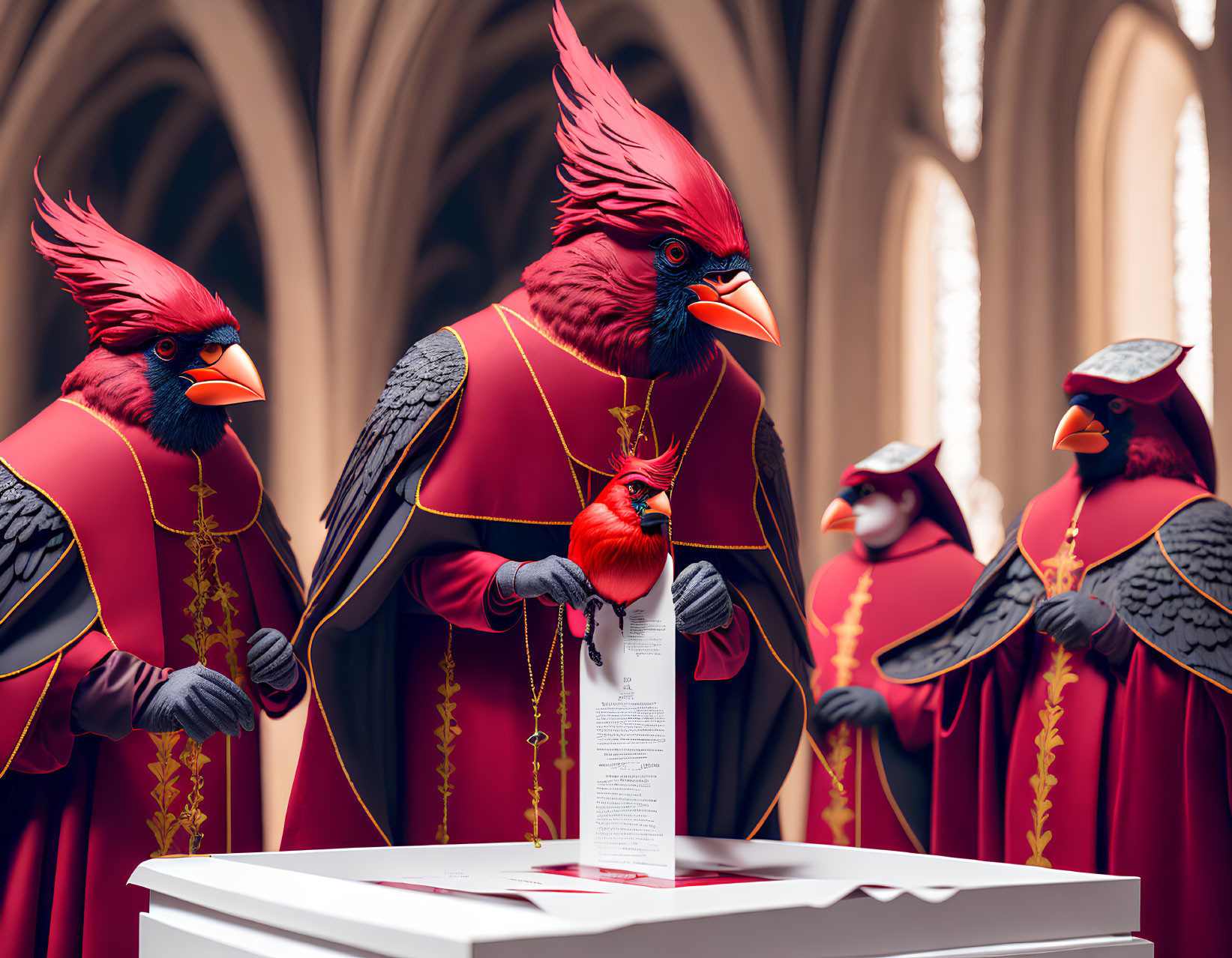 Red-robed anthropomorphic cardinals with document in cathedral-like setting