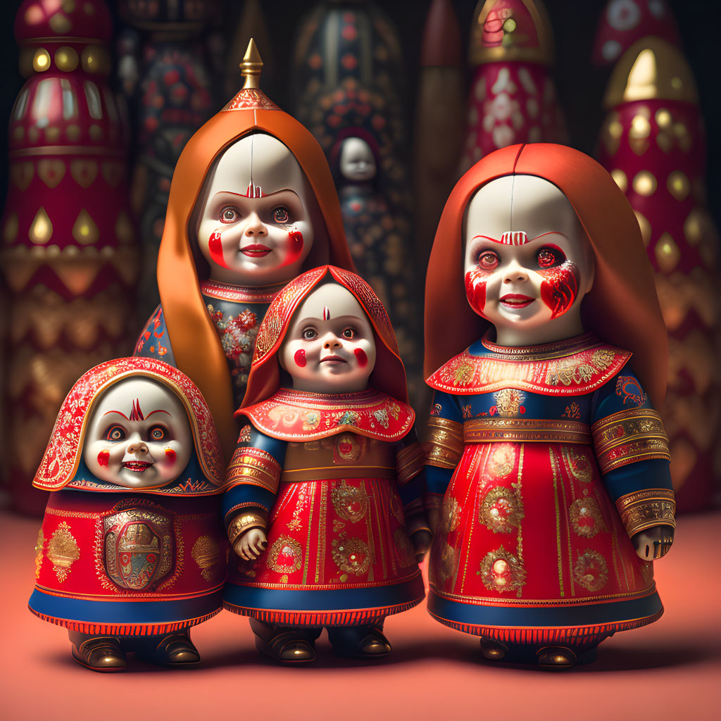 Traditional Russian Matryoshka Dolls Set with Intricate Designs and Rich Colors