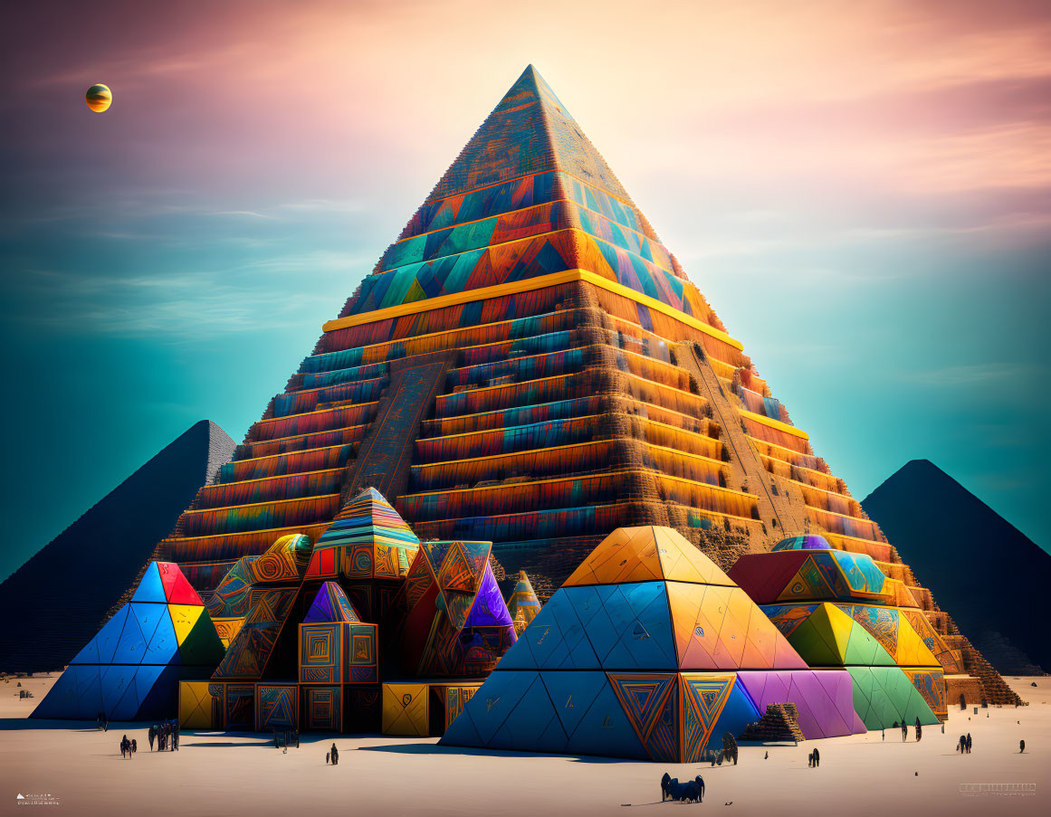 Vivid Great Pyramids digital artwork with geometric patterns