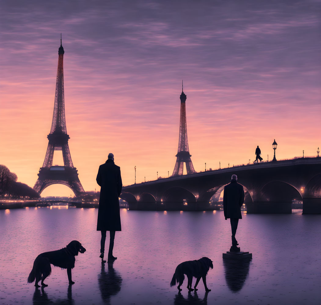 People and dogs silhouetted by river with Eiffel Tower and bridge at purple sunrise/s