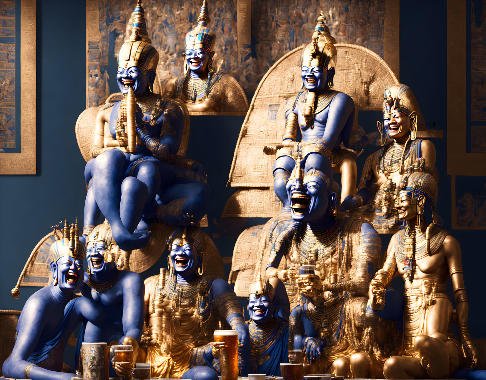 Golden and Blue Multi-Armed Humanoid Statues in Ornate Room