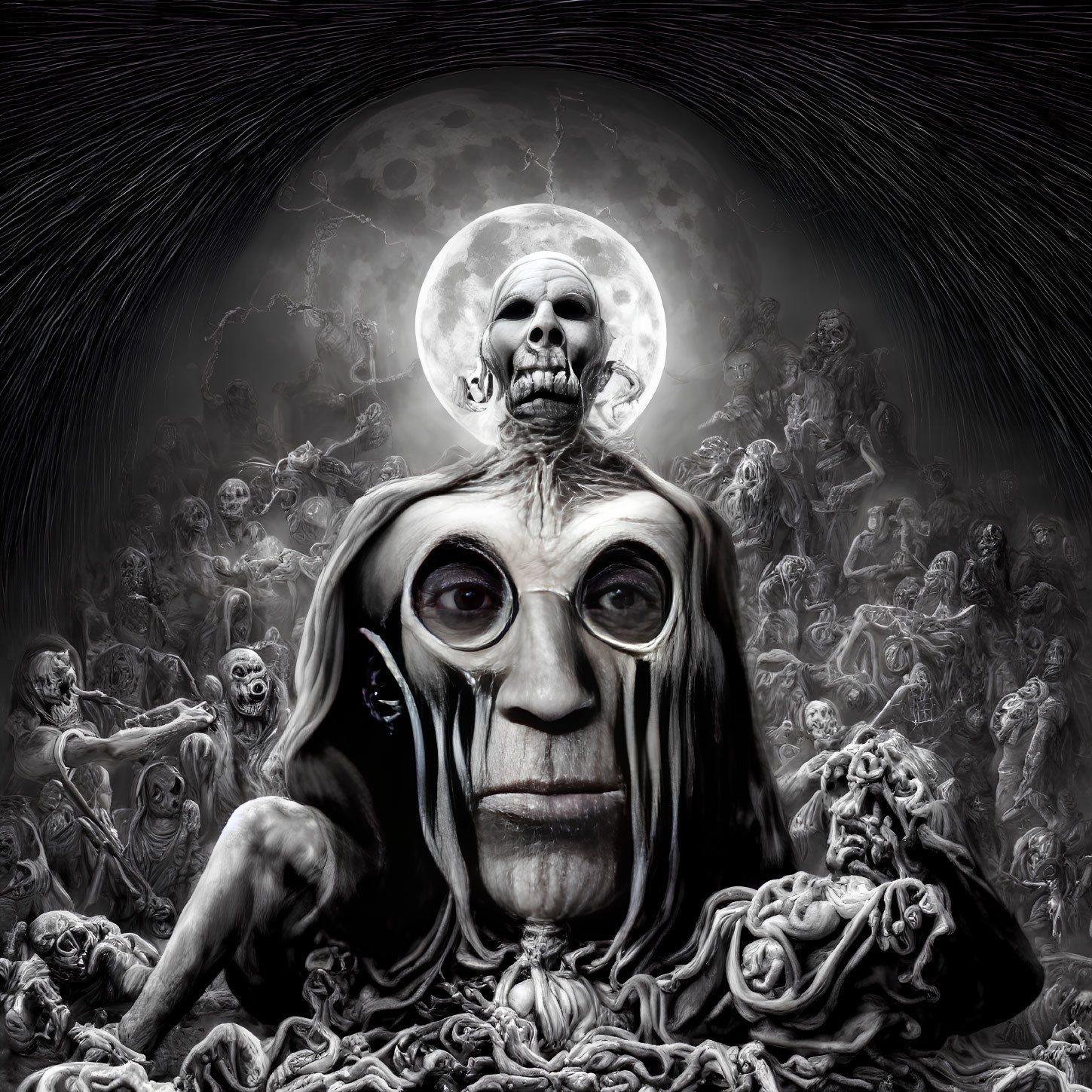 Monochromatic fantasy art: figure with skull, large eyes, cloak of faces, moon backdrop.