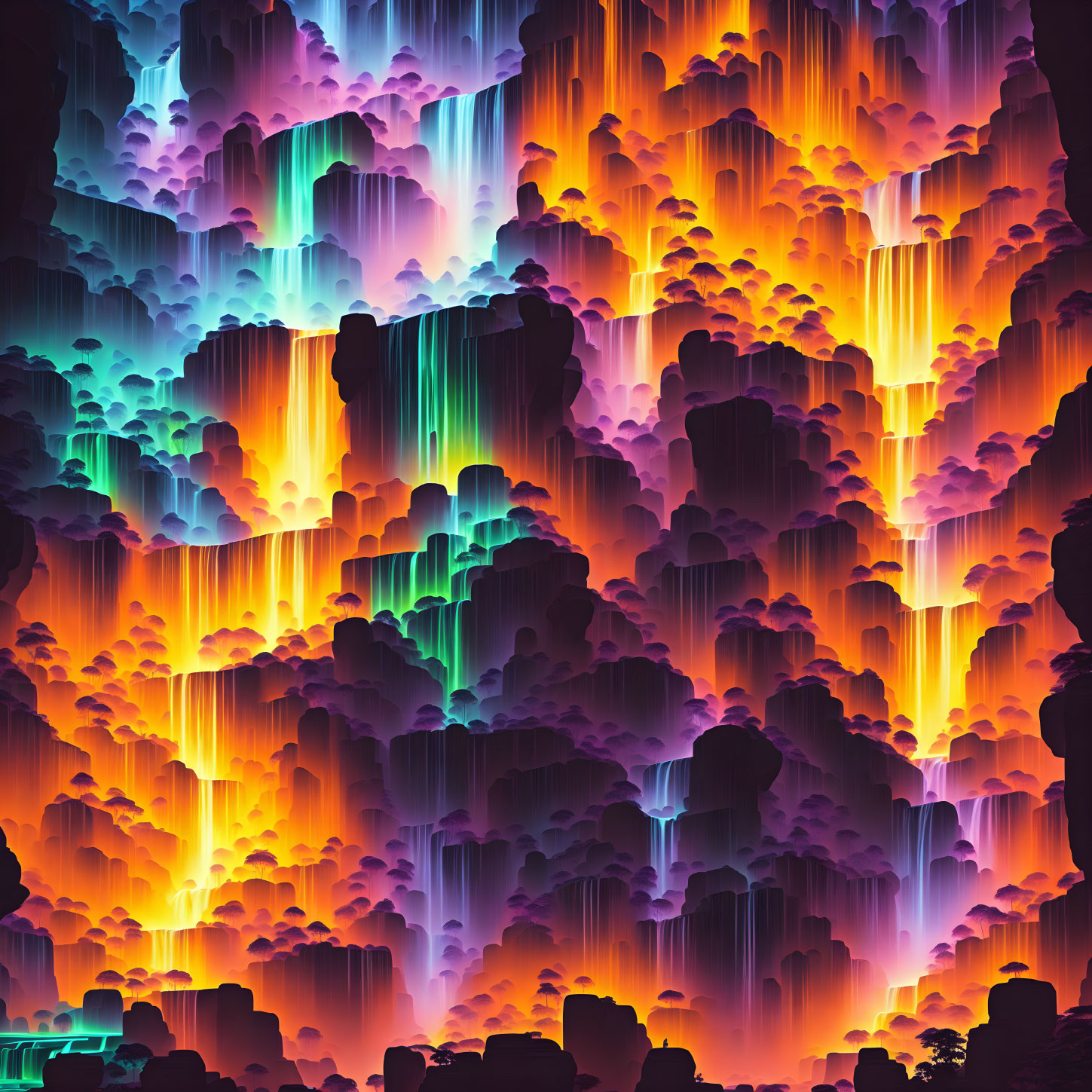 Abstract neon-lit landscape with lava flows and colorful formations.