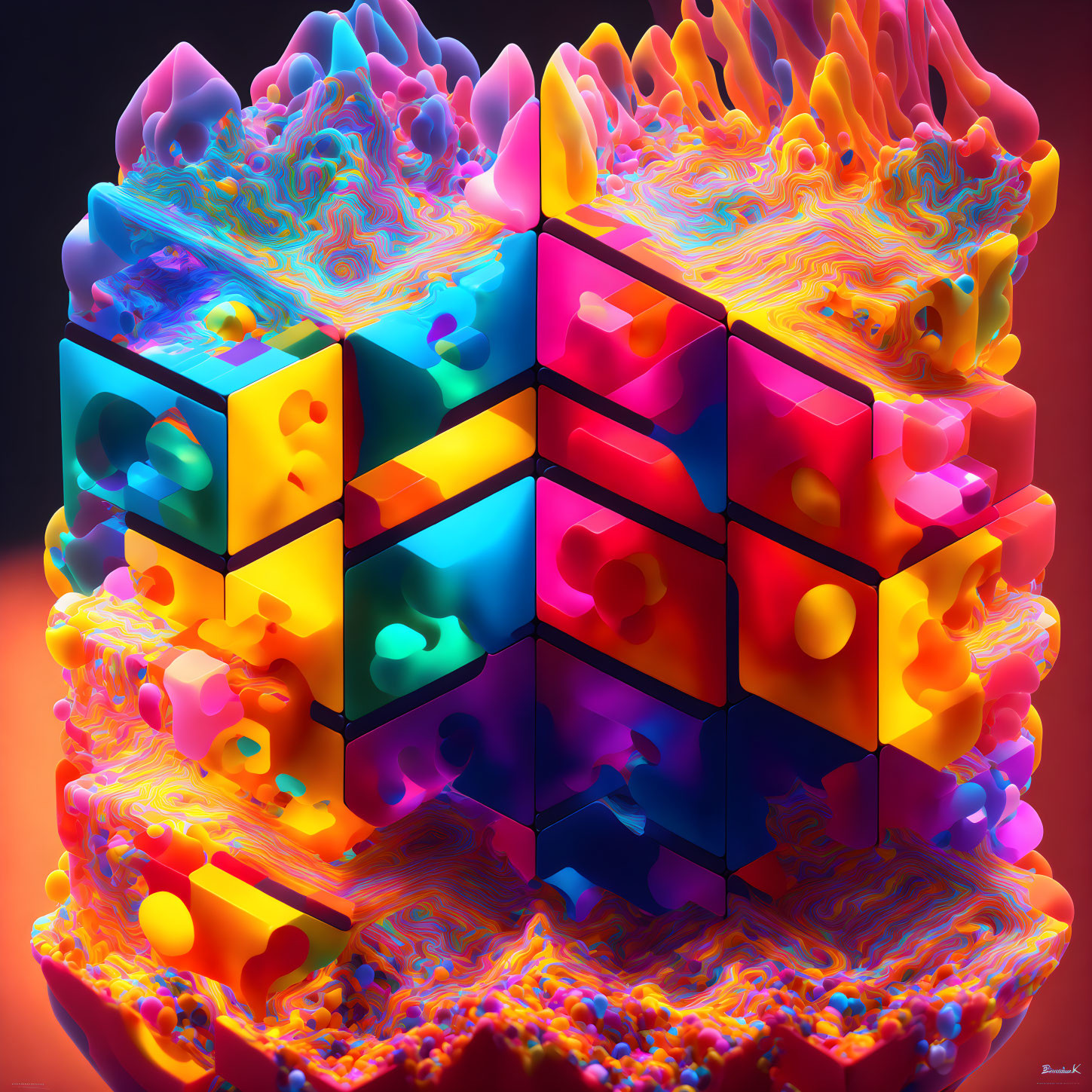 Abstract digital artwork: Melting Rubik's Cube in vibrant colors