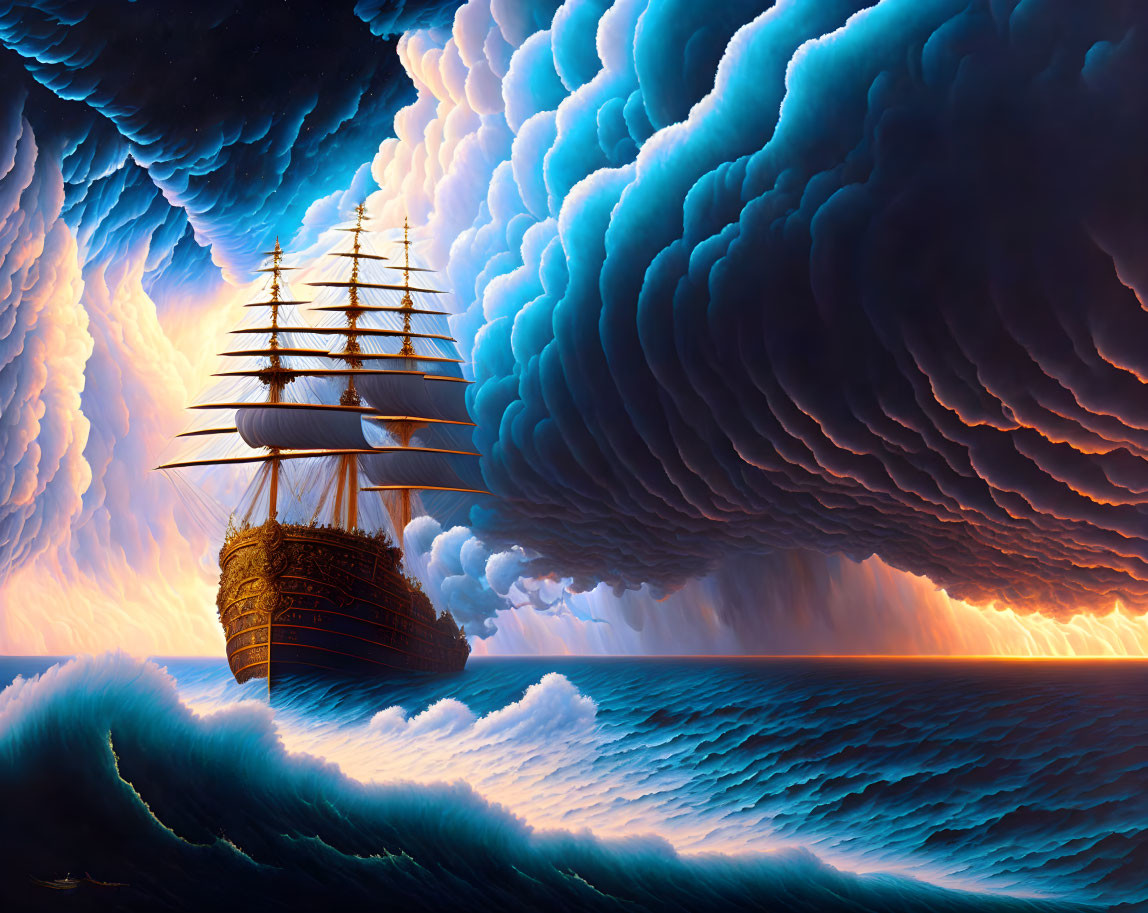 Sailing ship in turbulent seas with surreal clouds and orange-lit sky