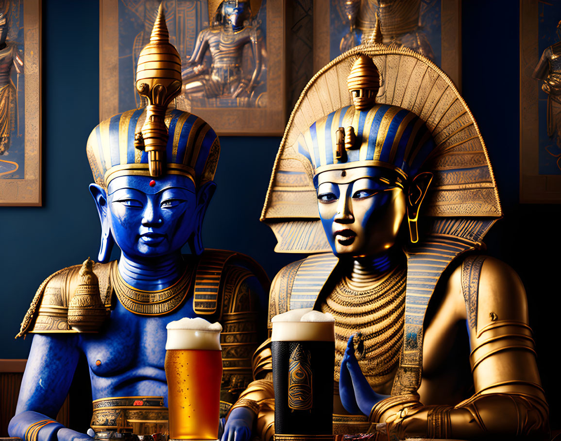 Stylized Egyptian pharaoh figures with blue and golden skin tones holding beer glasses in front of hier