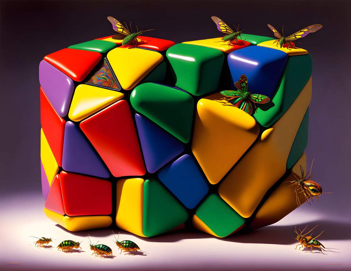 Vibrant unsolved Rubik's Cube with jewel beetles on purple gradient background