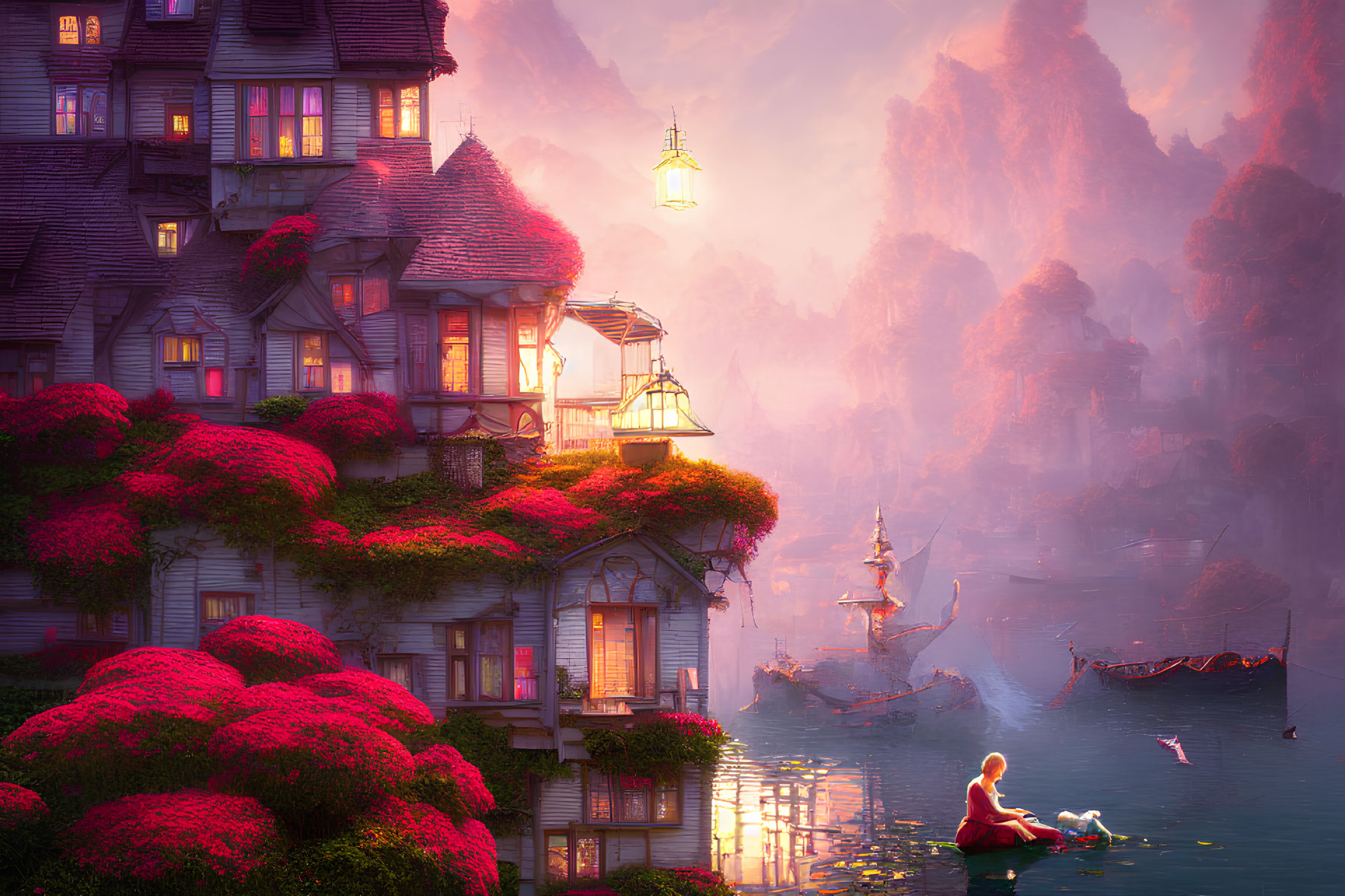 Fantasy landscape with red foliage house, lanterns, misty river, and rock formations