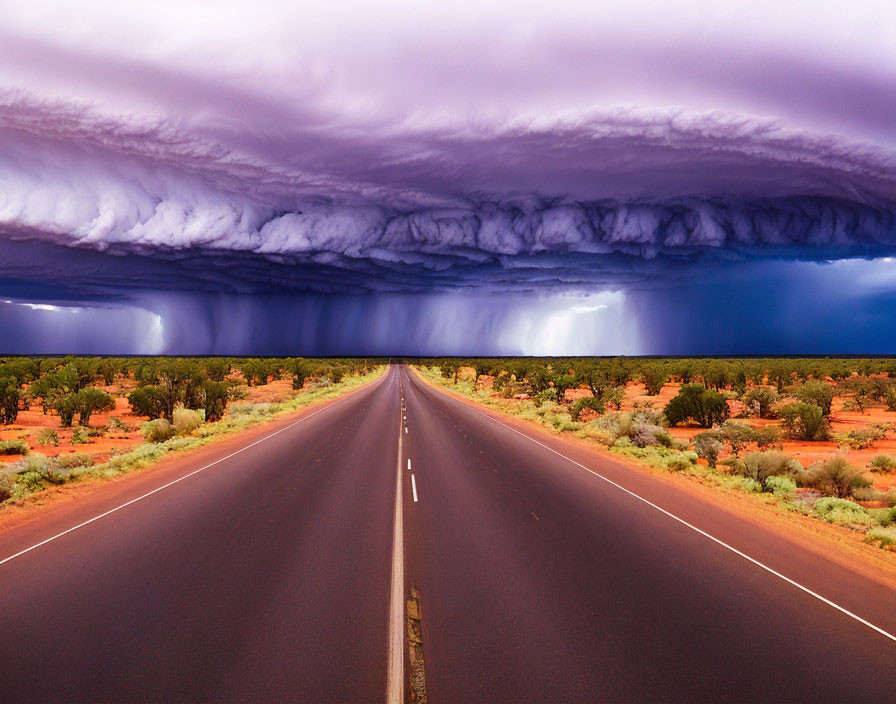 Ominous shelf cloud over straight desert road