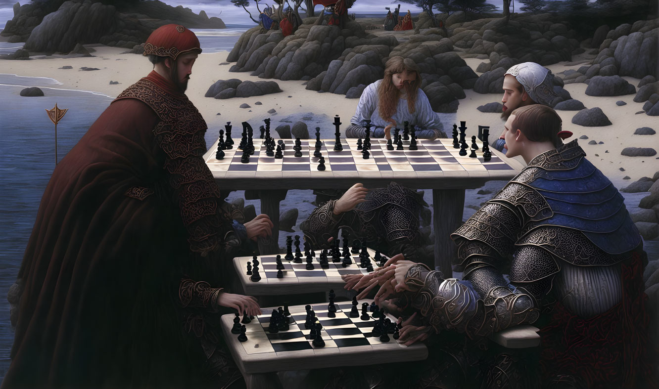 Medieval-themed painting: Four people playing chess by beach with rocks and trees