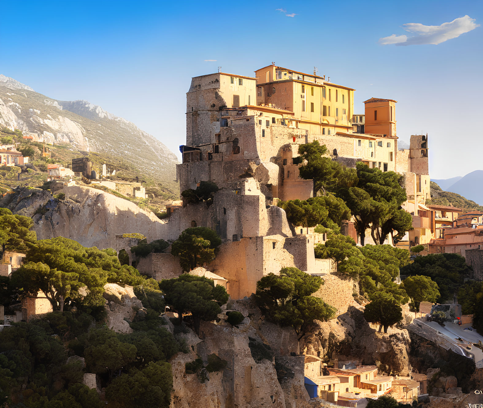 Medieval castle on rugged cliff amid lush greenery