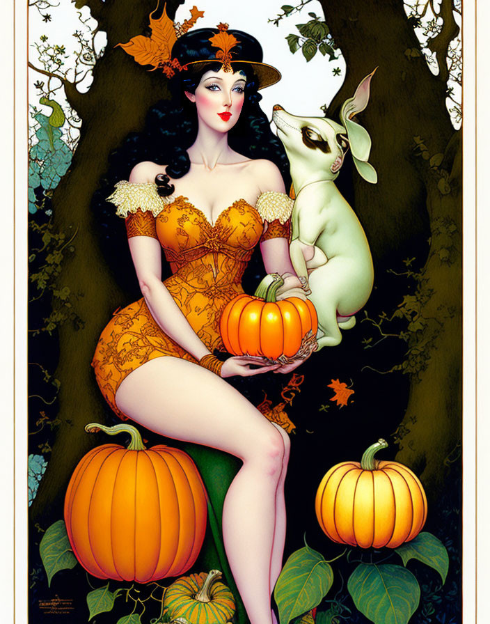 naughty Halloween lady with pumpkins