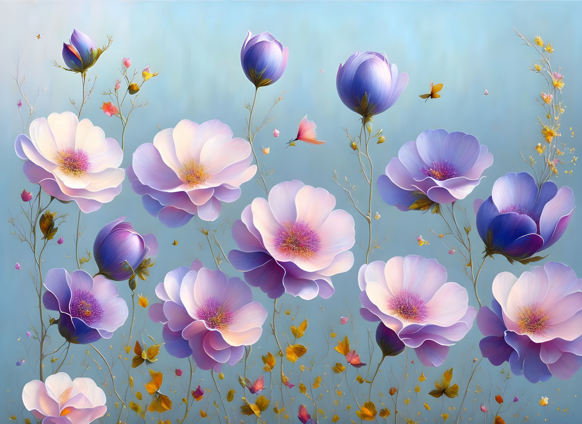 Colorful floral painting with blue, purple flowers, pink hints, butterflies, serene blue backdrop