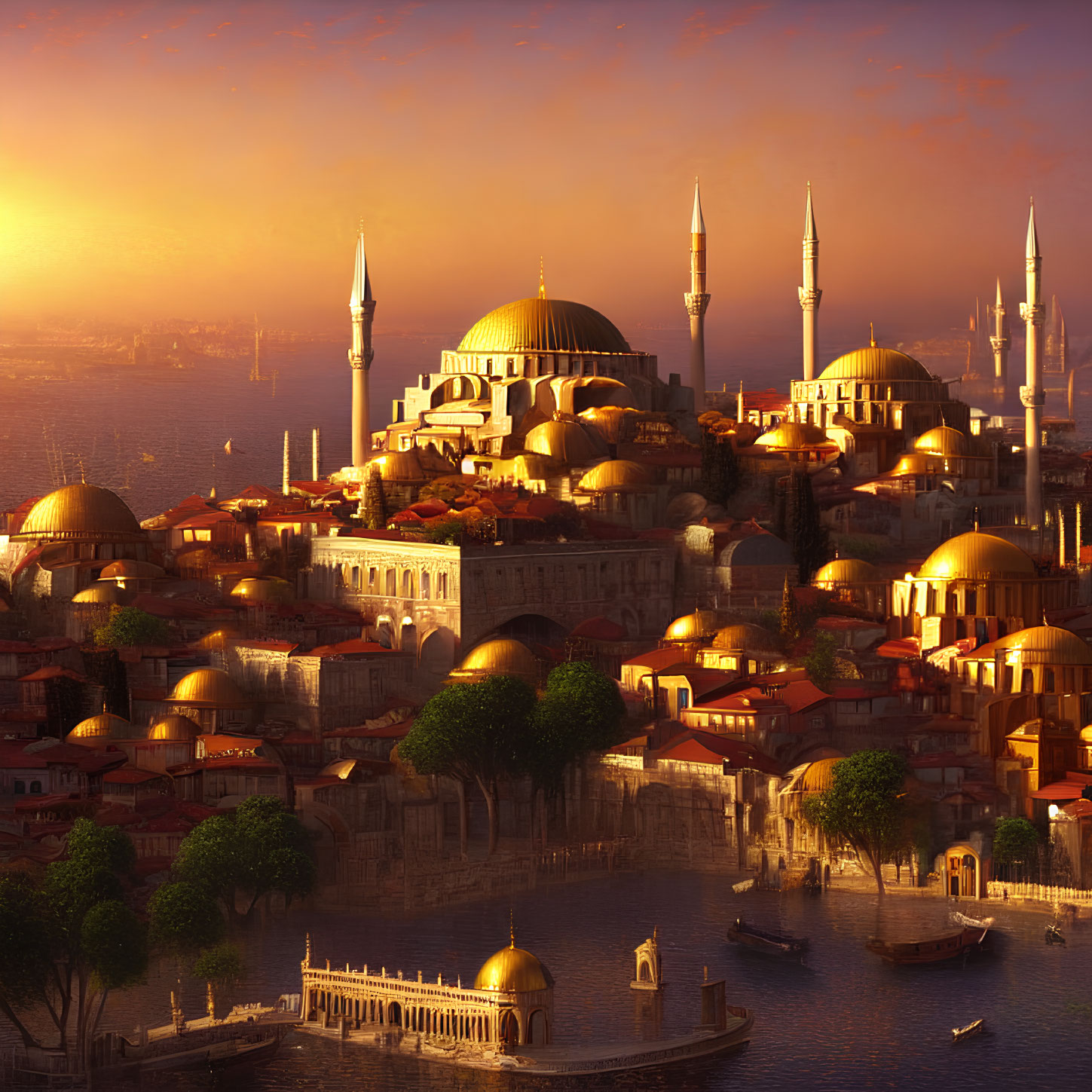 Golden sunset over Istanbul with domes, minarets, boat, and calm waters