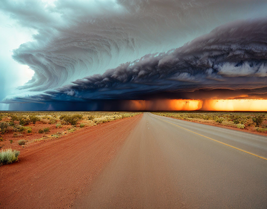 Massive shelf cloud over straight desert road in dramatic view