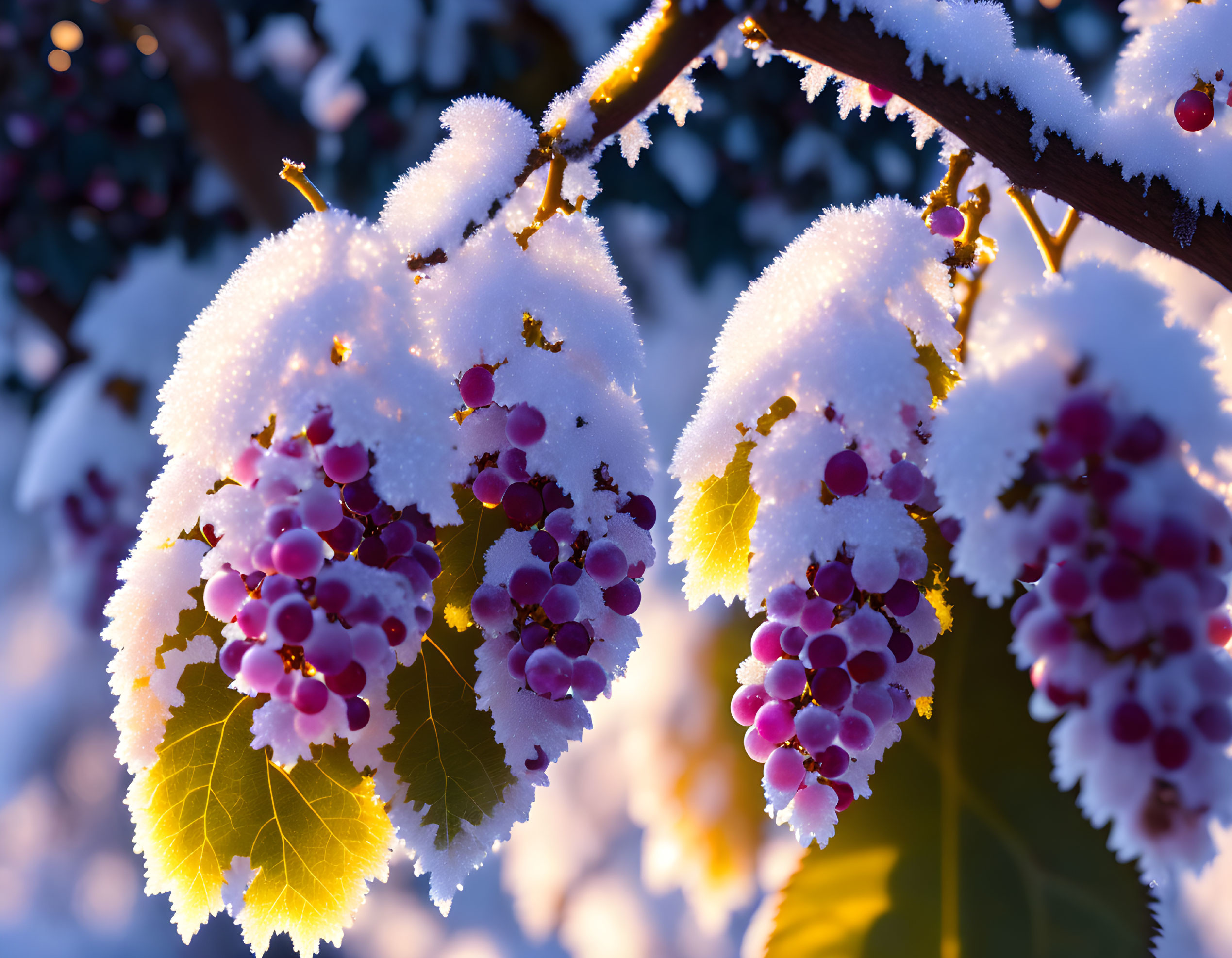 Purple Berries Covered in Snow Under Warm Sunlight