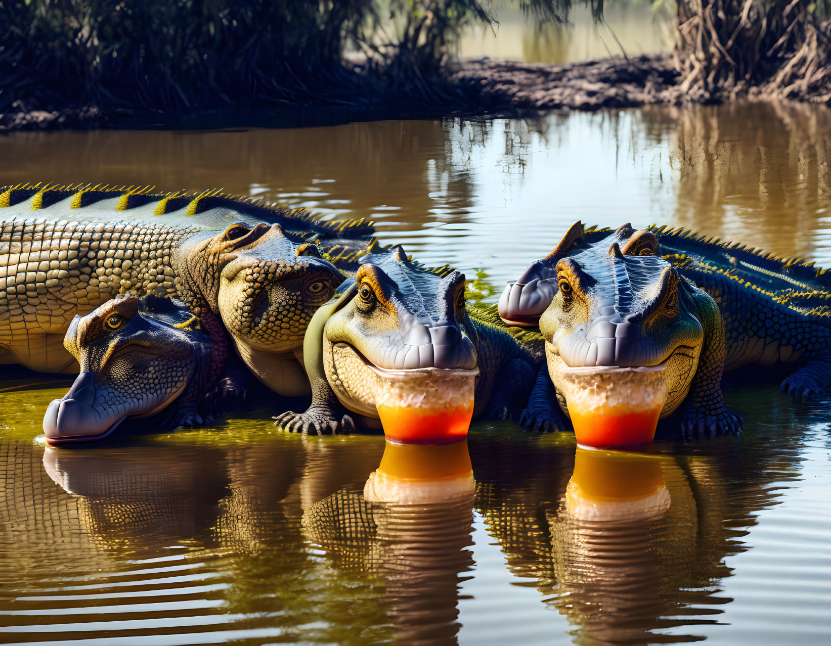 Four alligators with teacup-like lower jaws in water