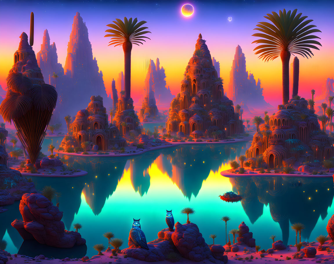 Fantasy landscape at dusk: rock formations, palm trees, towers, owls.