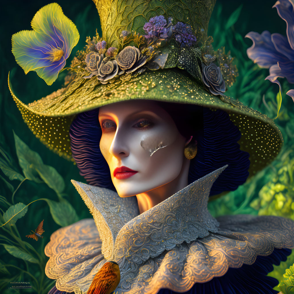 Portrait of a person with green hat, lace garment, dramatic makeup, and butterflies.