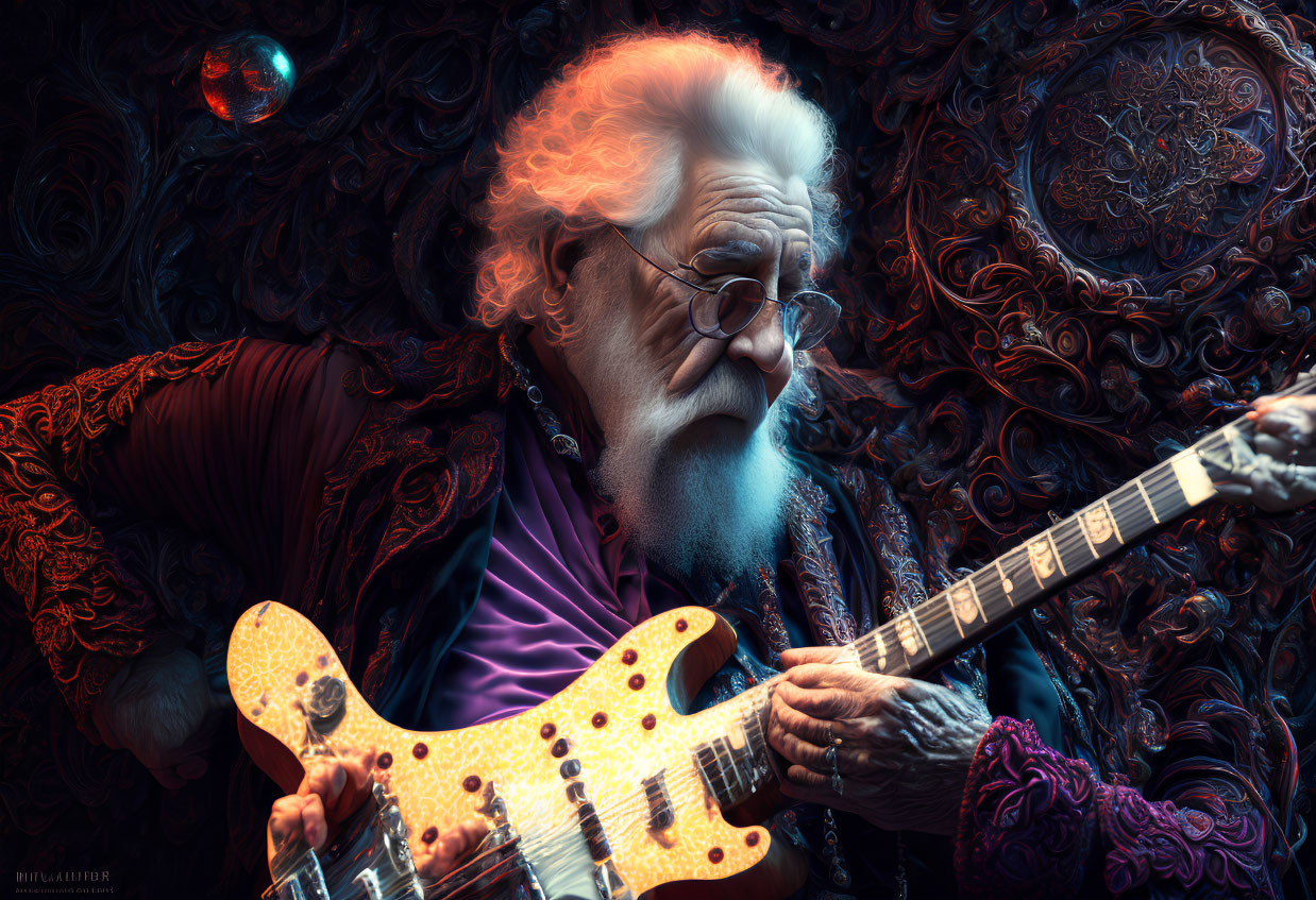 White-haired man playing guitar with orb in artistic setting