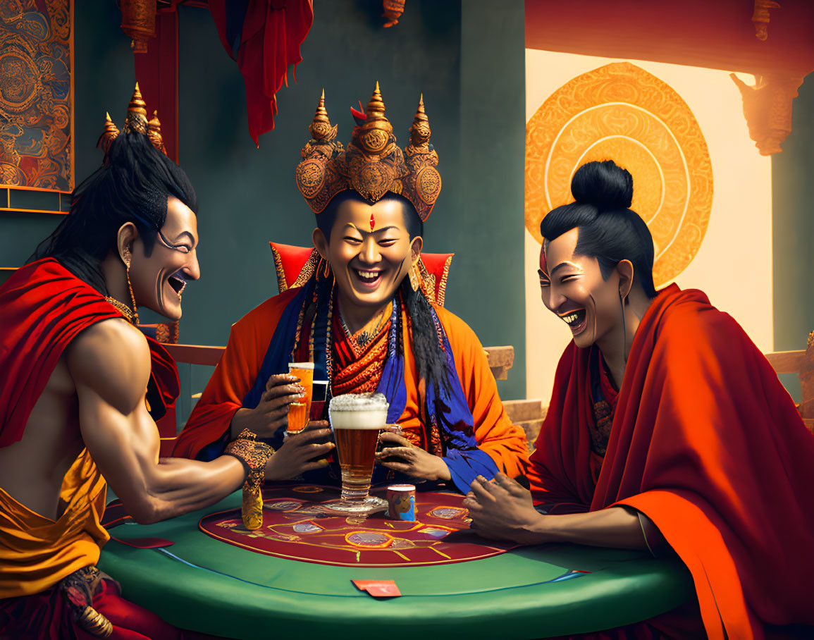 Animated characters in traditional Tibetan attire playing cards and laughing in vibrant setting.