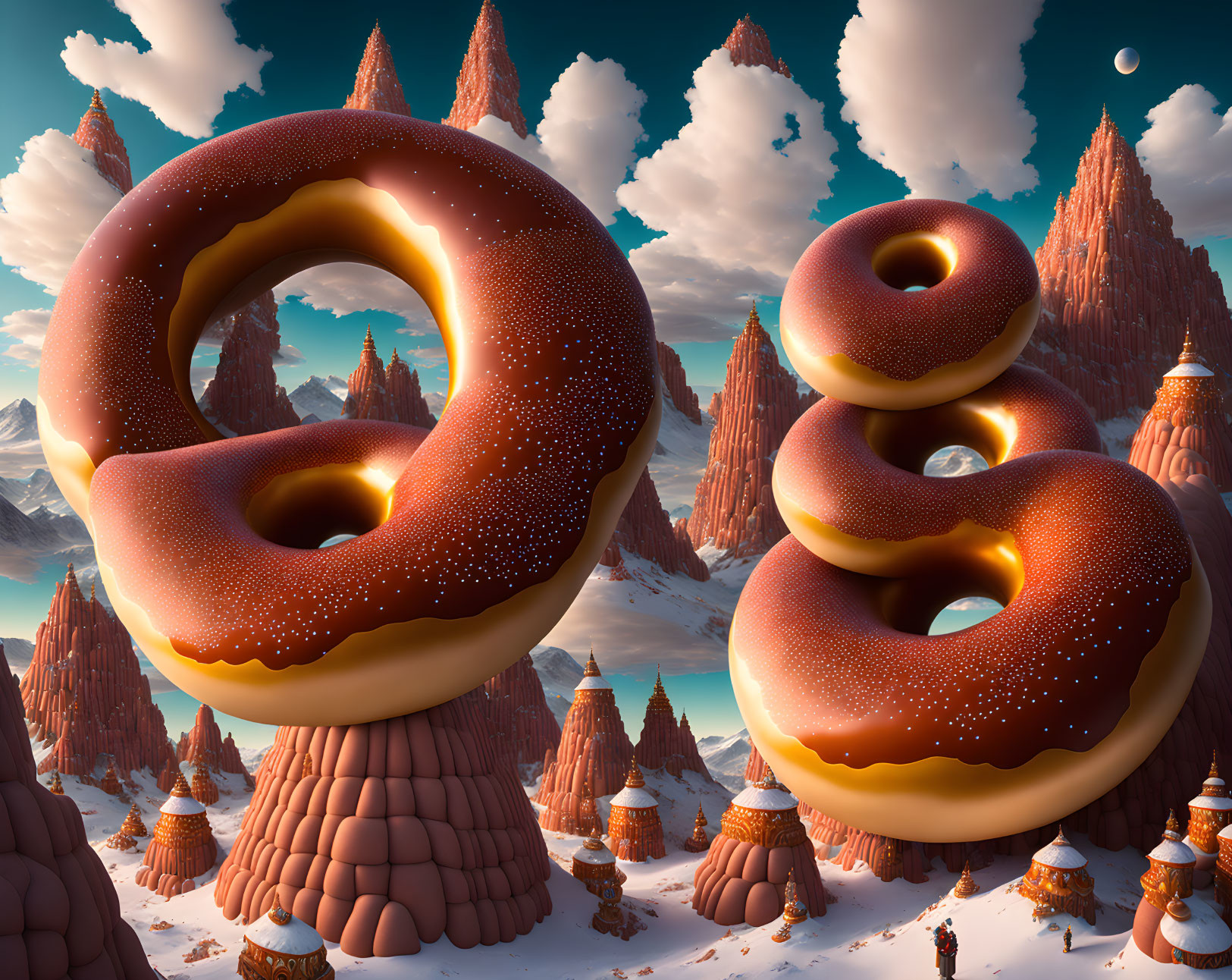 Unique surreal landscape with doughnut-shaped rocks, earthy cones, and large moon.