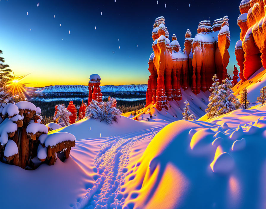 Snow-covered rock formations in vibrant winter scene