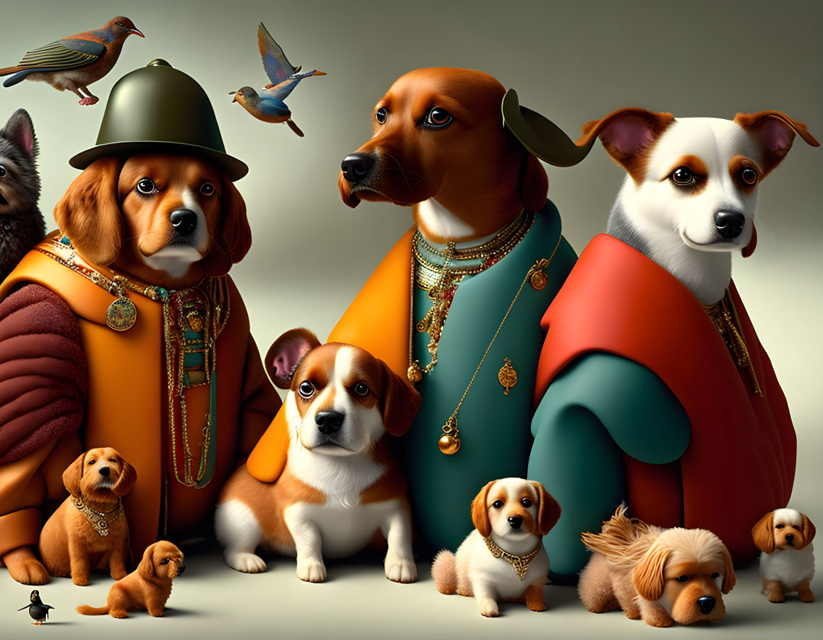 Stylized dogs in regal attire with colorful birds interacting