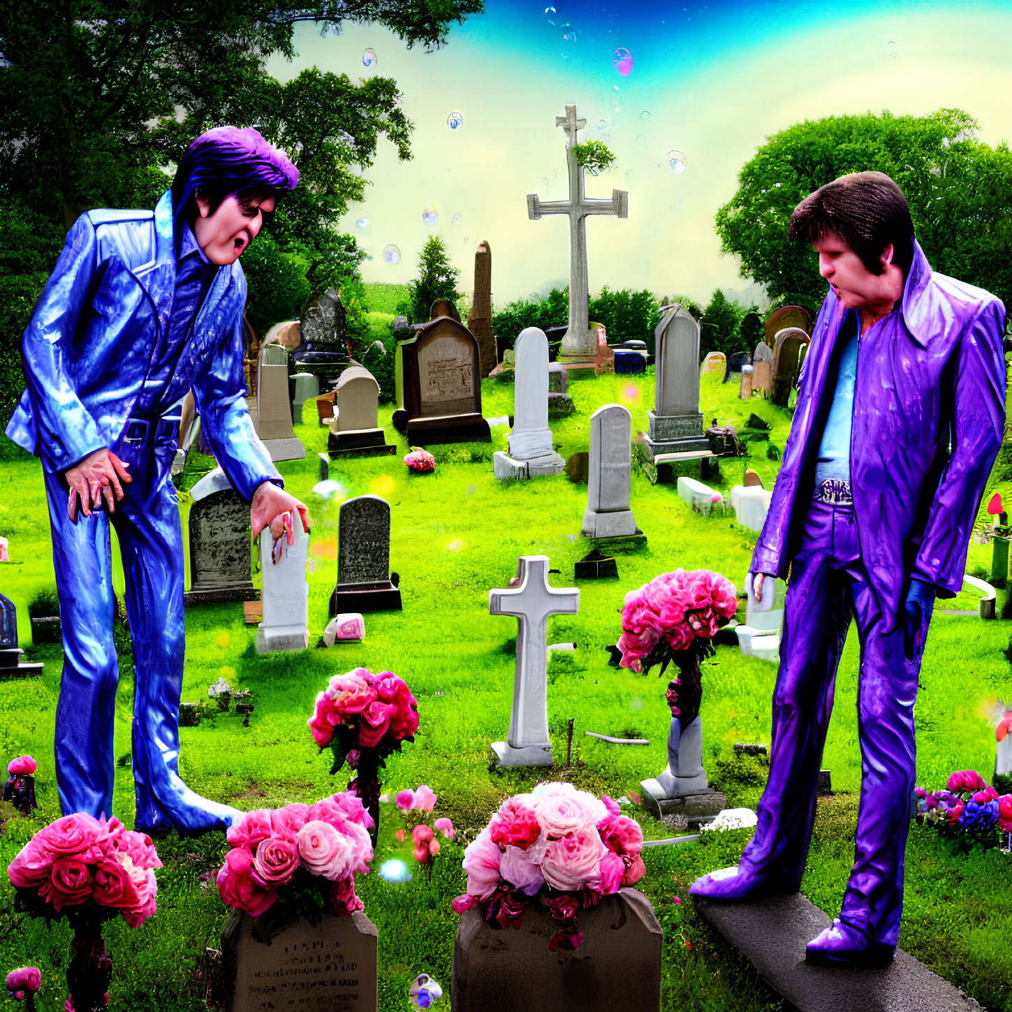 Vibrant purple suits in colorful cemetery with flowers and gravestones