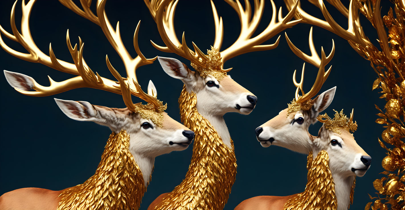 Three golden deer with ornate antlers and crowns on deep blue backdrop