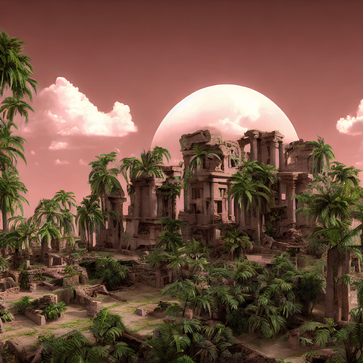 Ancient civilization ruins in moonlit landscape with palm trees