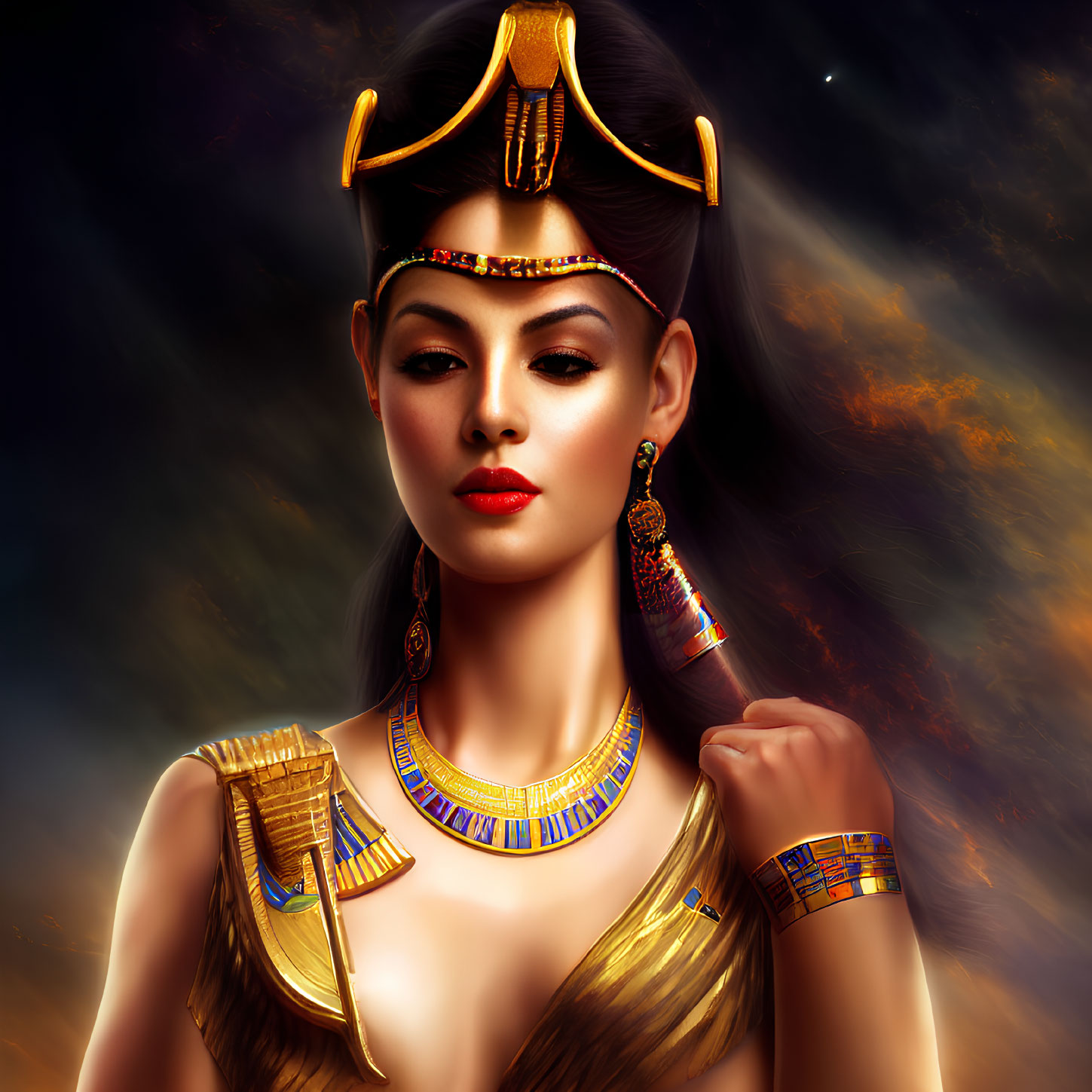 Illustrated portrait of a woman in ancient Egyptian style with headdress and golden accessories